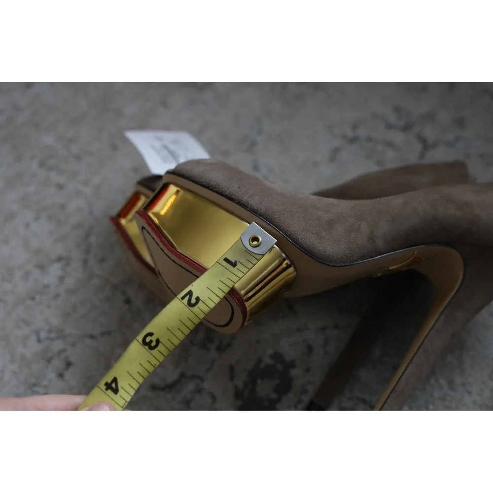 Charlotte Olympia Peep Toe Platform Heels Taupe Suede Gold Stiletto US 4 EU 34‎